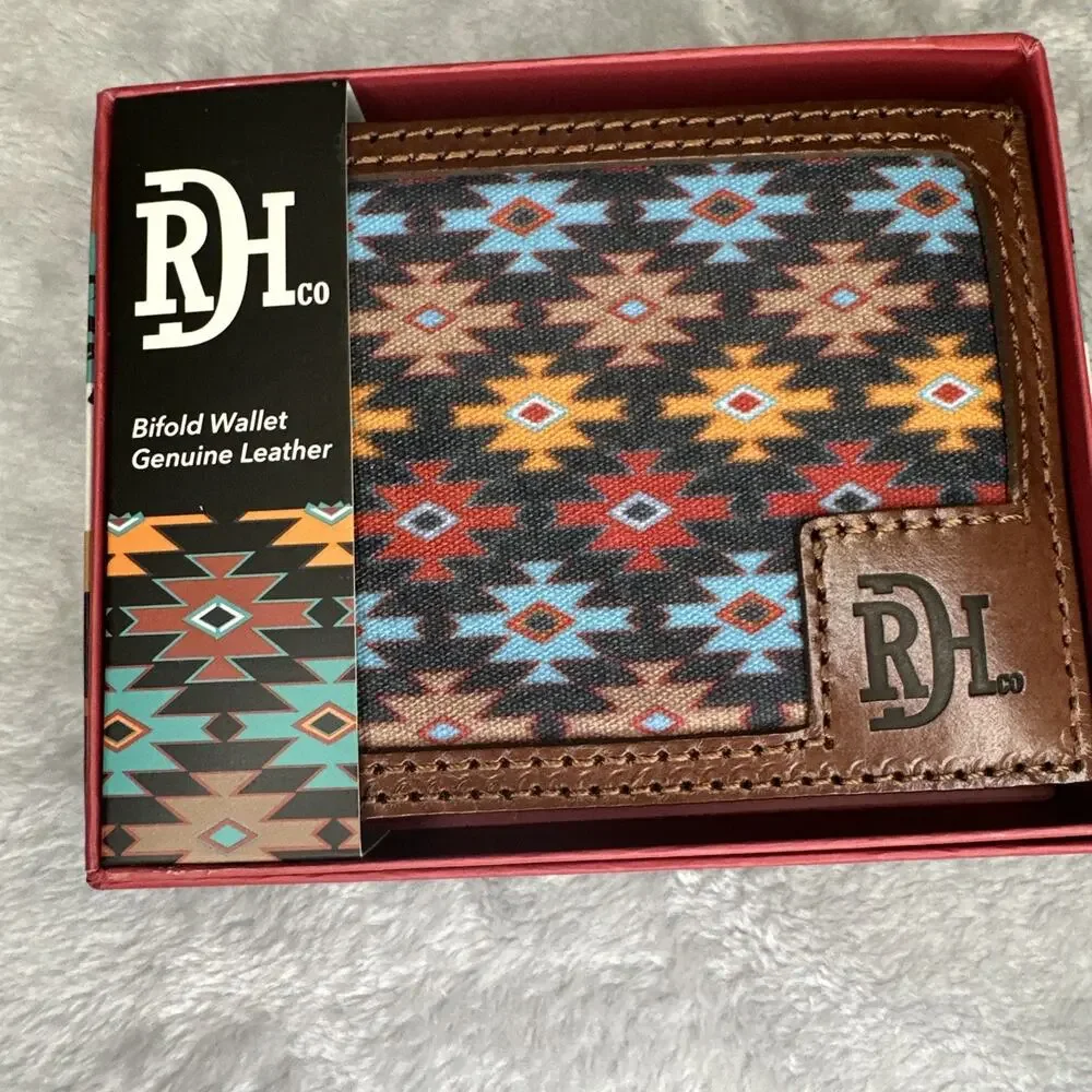 Red Dirt Hat Co Bifold‎ Wallet Leather Southwest Aztec Canvas Inlay Bison Grain